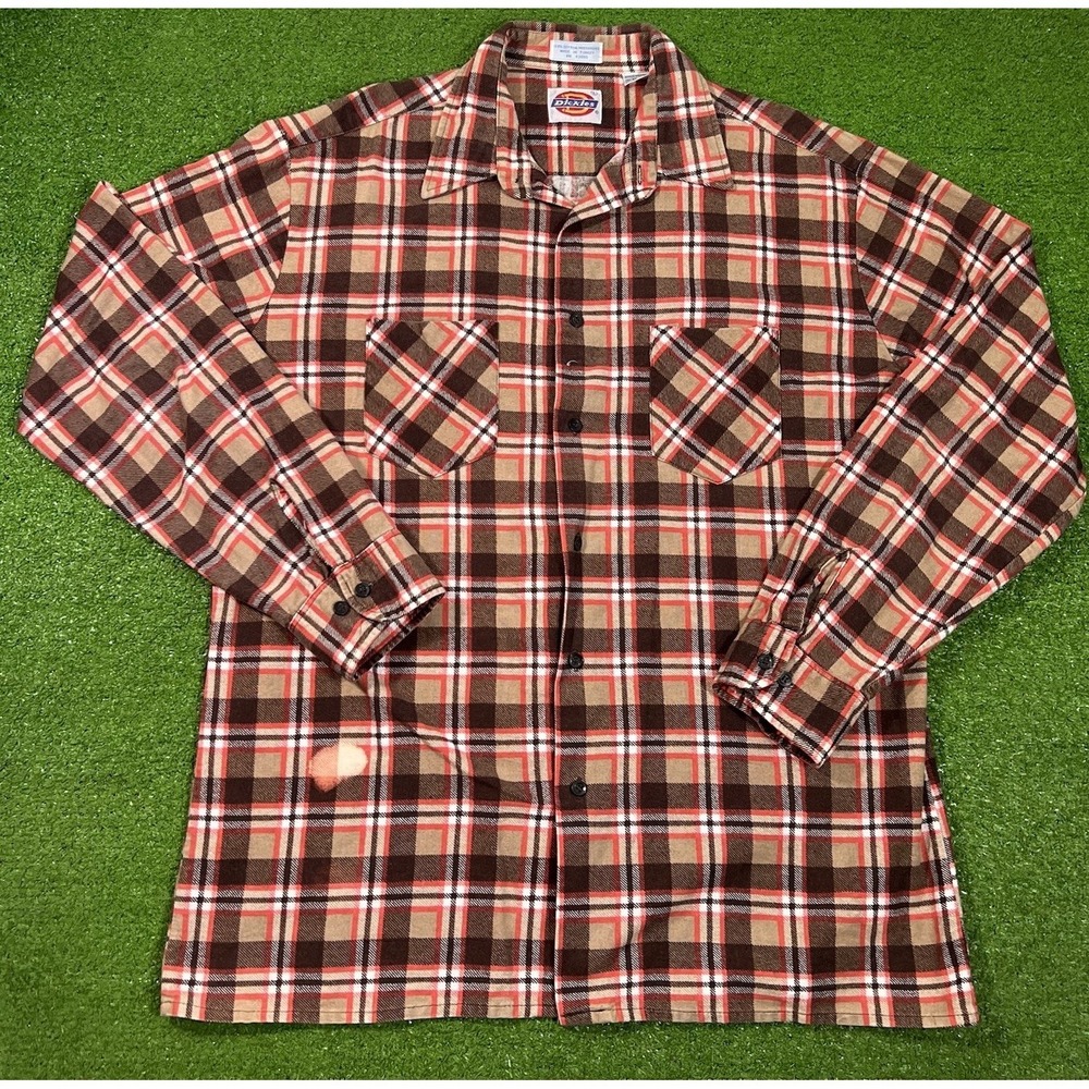 Vintage 1970s‎ Dickies Flannel Lg Orange Brown Work Wear Outdoor Button Up